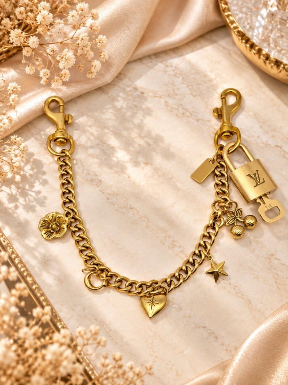 Authentic Louis Vuitton Gold Padlock with Unbranded Decorative Bag Chain / Charm